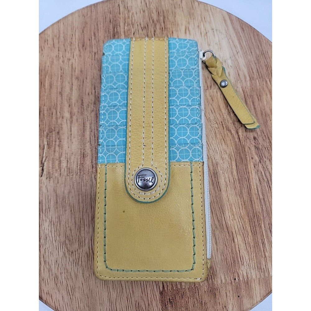 Fossil Flat Leather Card Wallet Yellow Blue 7x3
